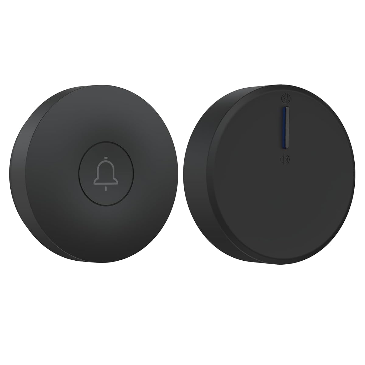 Bouton de sonnette rond noir et récepteur branché près d’une porte claire