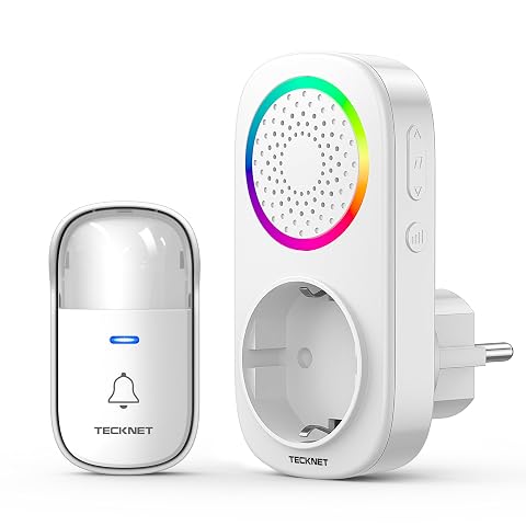 Sonnette Tecknet blanche avec bouton extérieur et carillon enfichable à voyant lumineux RGB