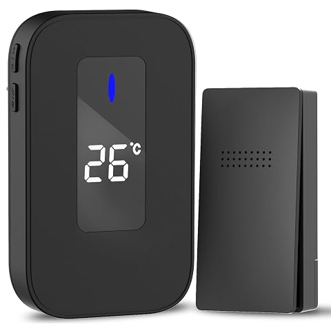 Kit noir HommyFine avec un bouton de sonnette et un récepteur à brancher dans une entrée claire.