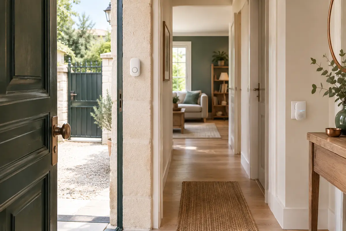 Entrée de maison avec bouton de sonnette et carillon enfichable, évoquant deux accès et plusieurs pièces à couvrir
