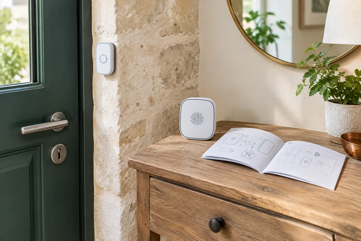 Bouton de sonnette sans pile et carillon sans fil réunis près de notices avant vérification de leur compatibilité.