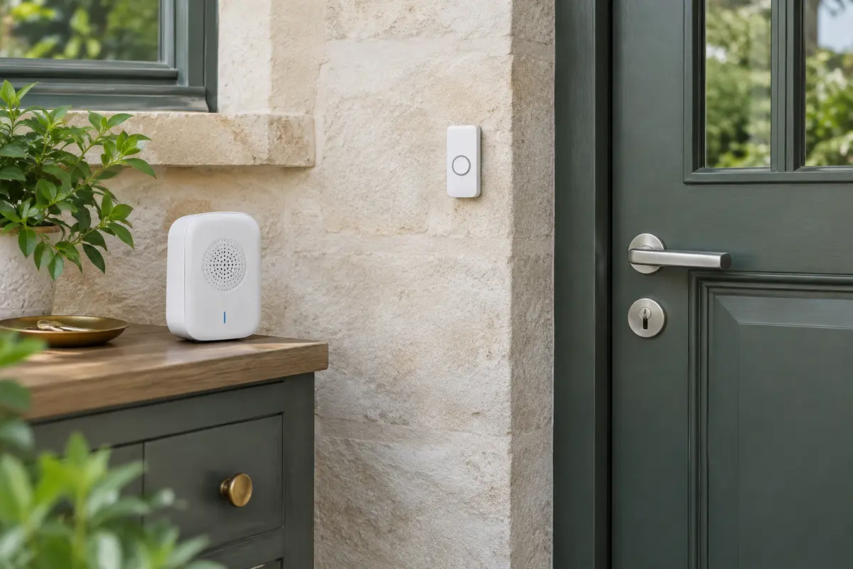 Bouton de sonnette près d’une porte et carillon sans fil posés à proximité pour un diagnostic