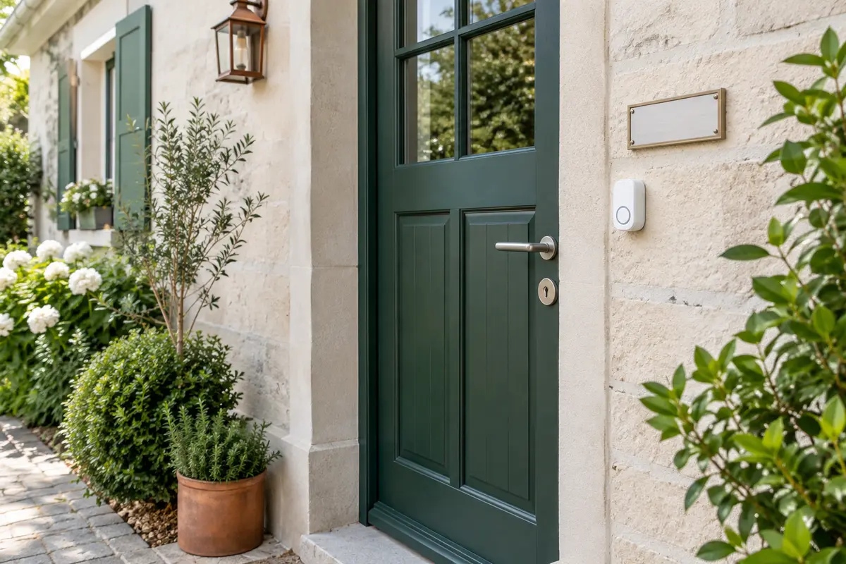 Bouton de sonnette fixé près d’une porte, visible depuis l’allée et hors du passage du battant