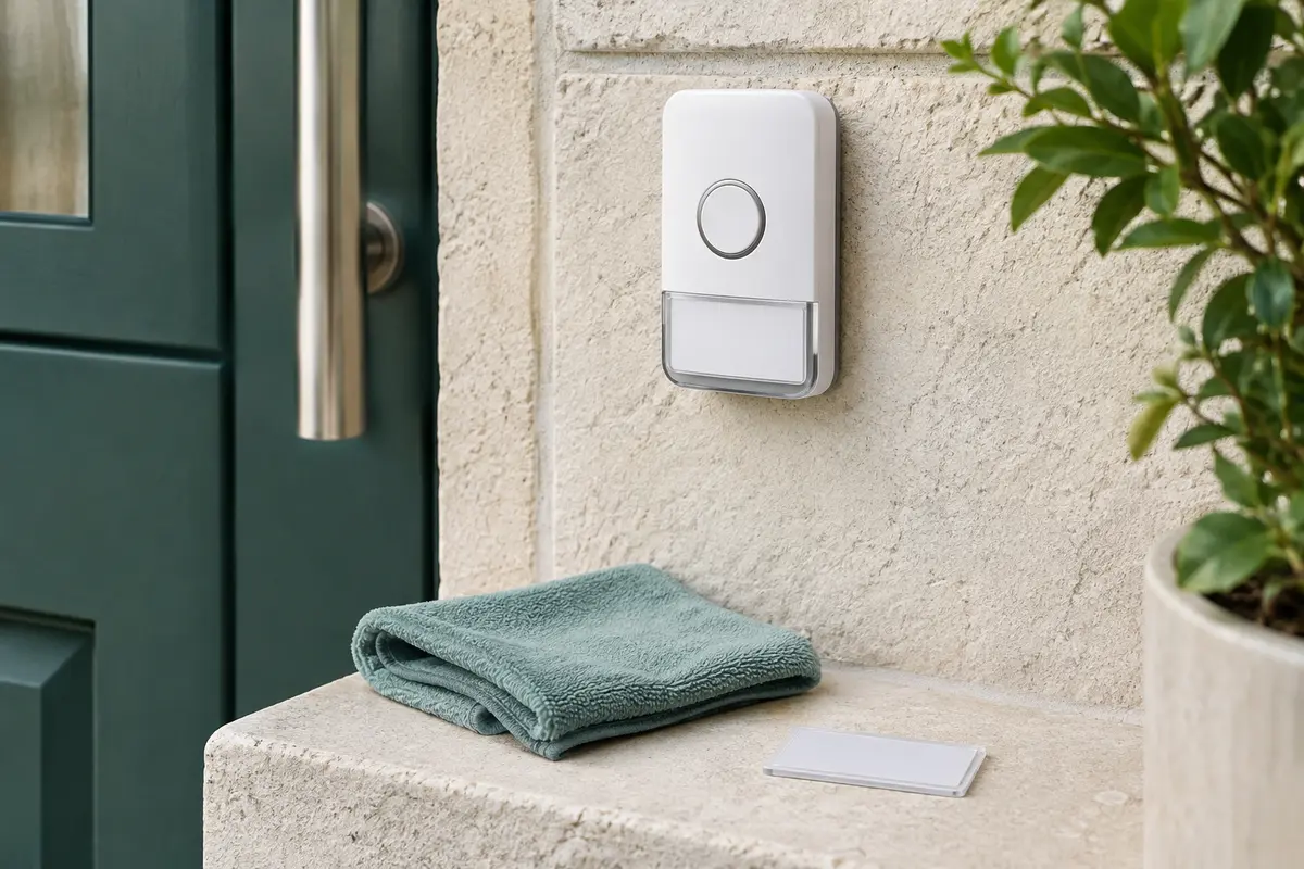 Bouton de sonnette propre avec porte-nom transparent et chiffon doux posé à proximité