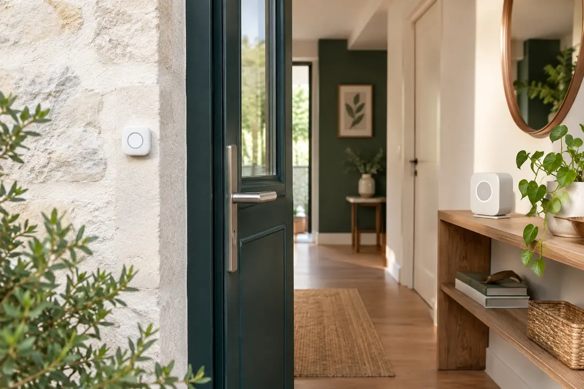 Bouton de sonnette sans pile près d’une porte et carillon récepteur posé à l’intérieur de la maison
