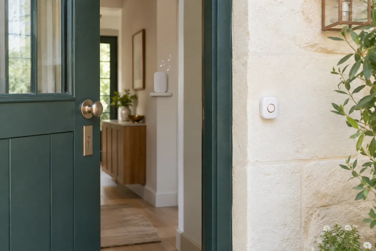 Bouton de sonnette sans fil fixé sans vis apparente près d’une porte d’entrée