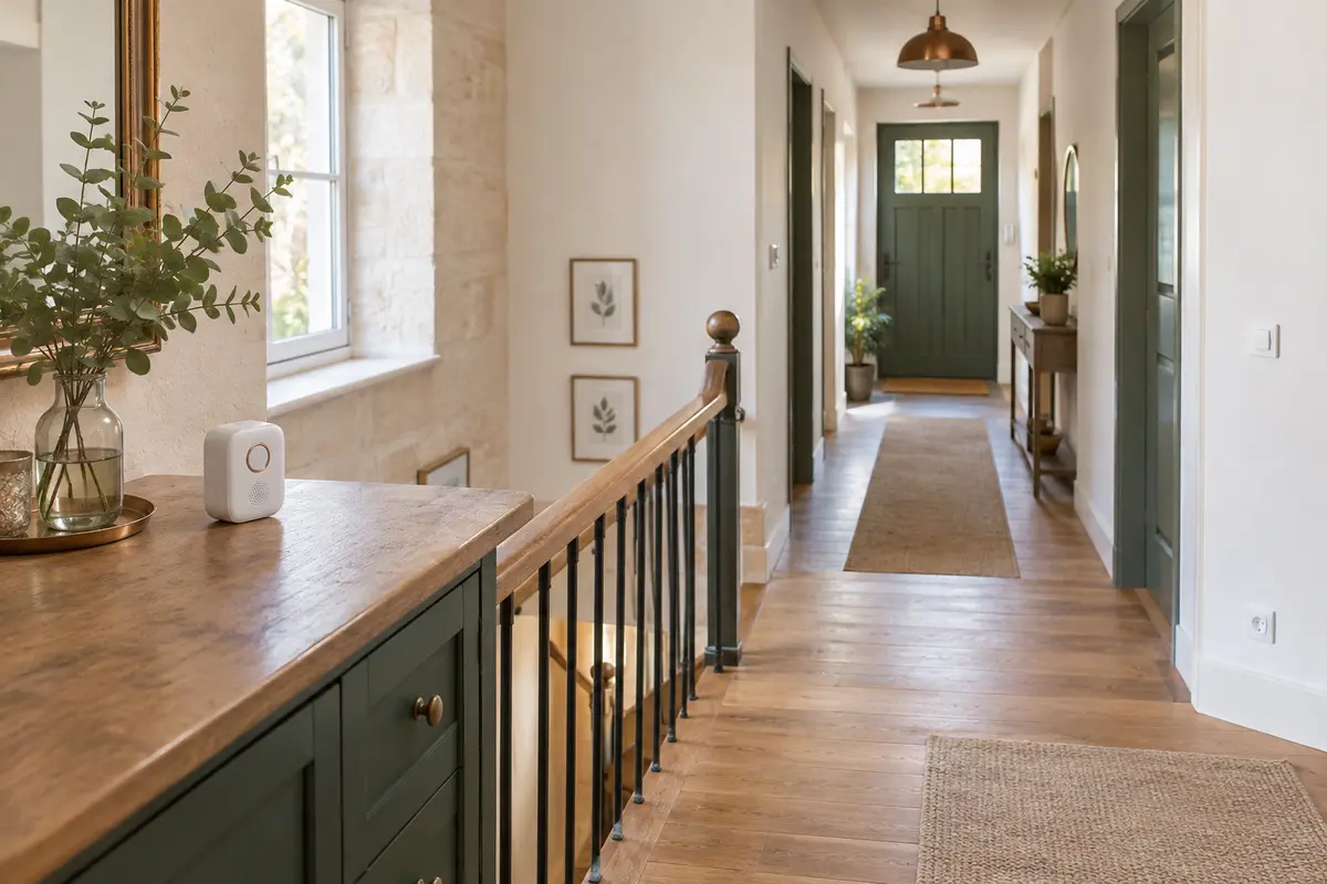 Carillon sans fil posé sur un palier d’une maison à plusieurs niveaux, près d’un escalier et de la porte d’entrée