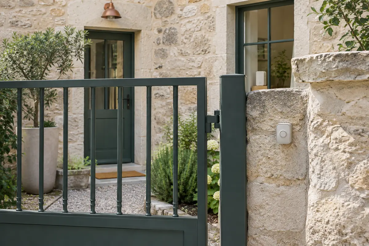 Portail métallique et façade en pierre illustrant les obstacles entre un bouton de sonnette et son carillon