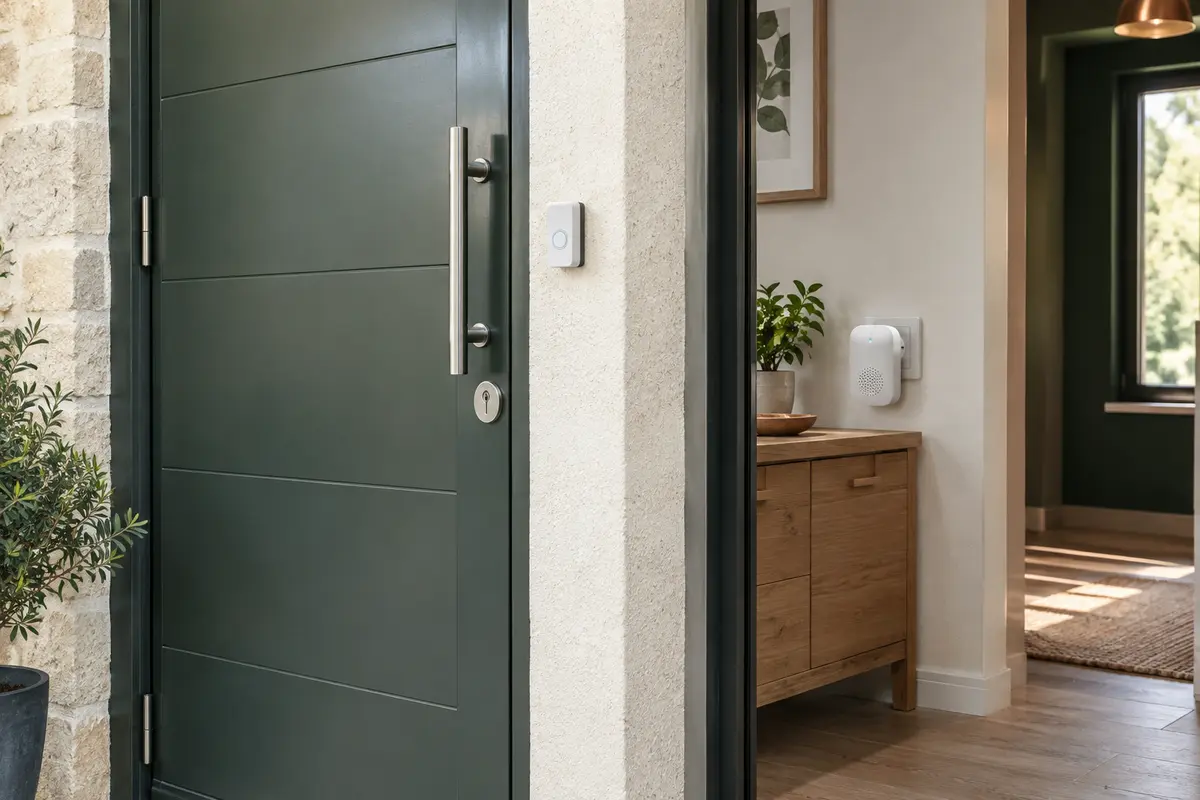 Entrée avec porte métallique, bouton de sonnette et carillon placé derrière un mur