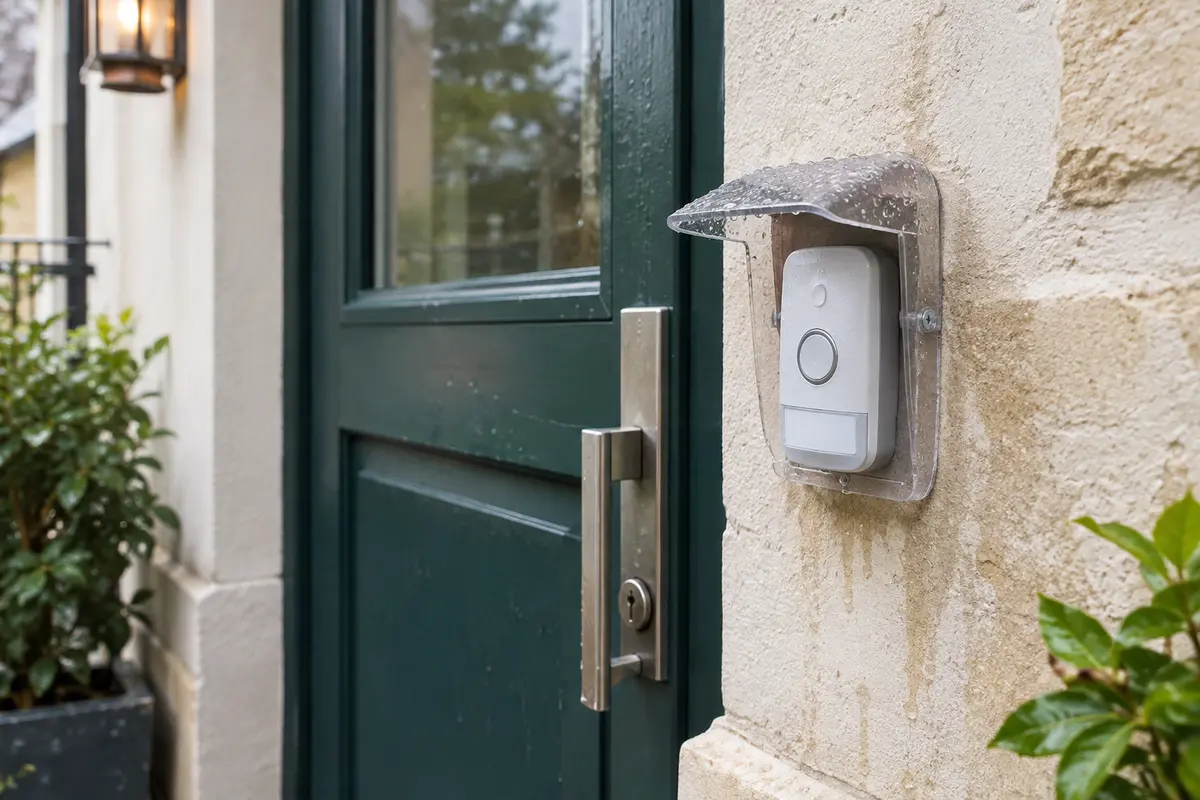Bouton de sonnette avec capot transparent protégeant la commande de la pluie sans cacher son étiquette.