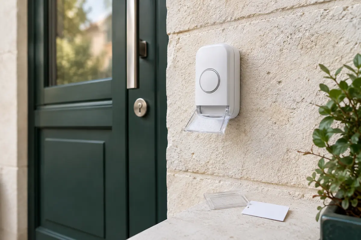 Bouton de sonnette sans fil sans pile avec porte-nom ouvert et étiquette vierge posée à côté