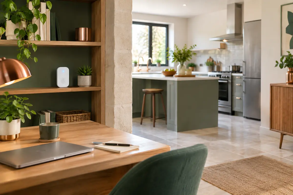 Récepteur de sonnette avec voyant lumineux posé à un endroit visible dans une maison animée