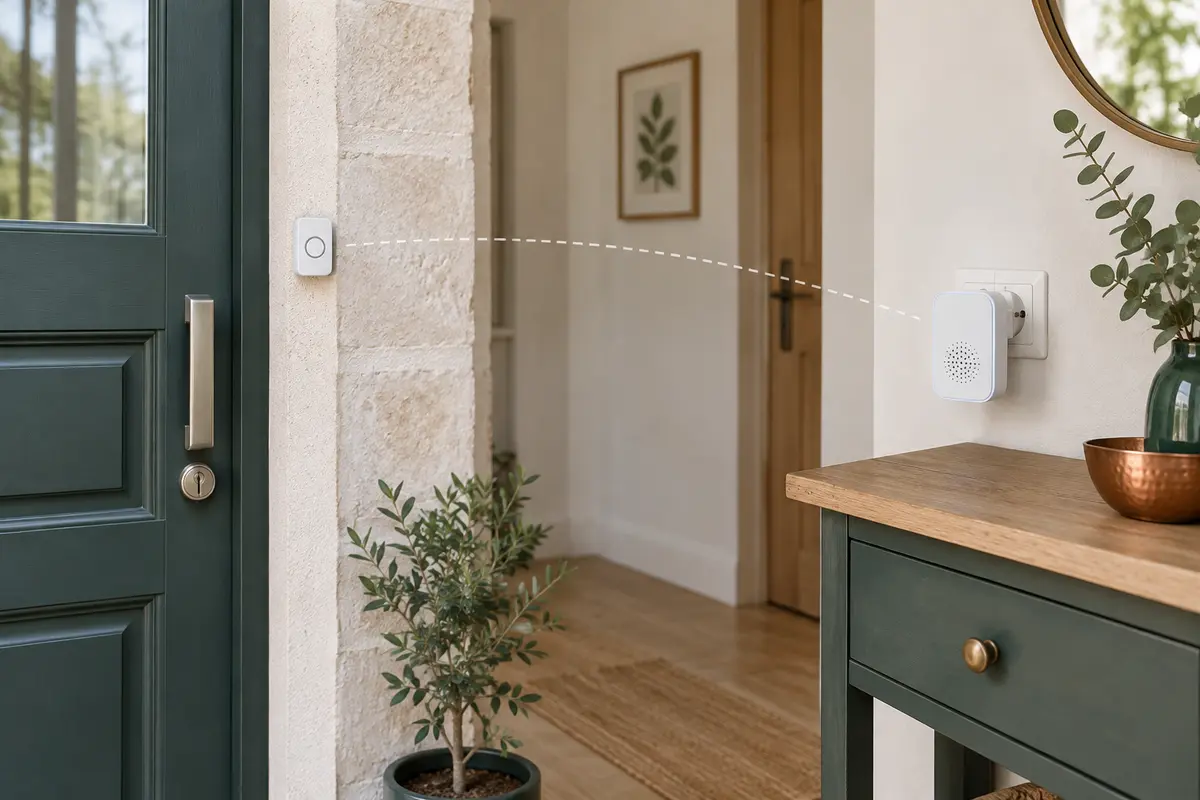 Bouton de sonnette fixé près d’une porte et carillon enfichable posé à l’intérieur de la maison