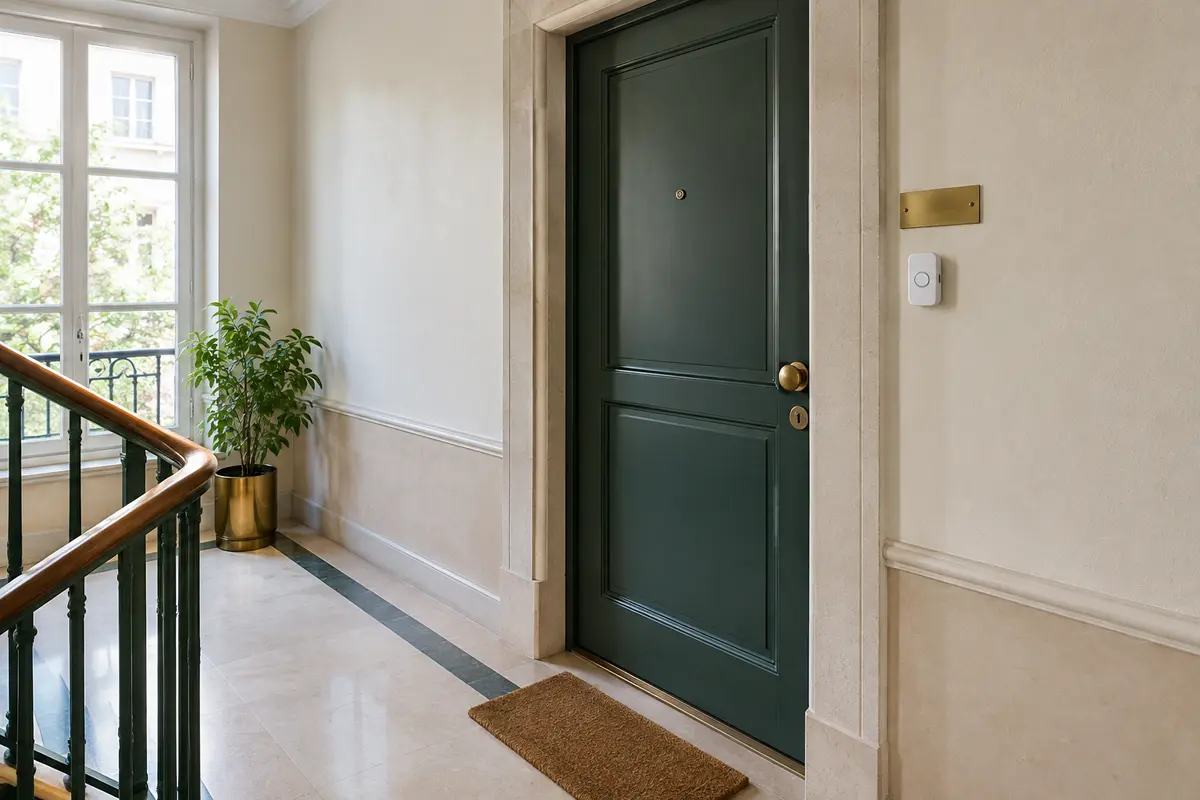Bouton de sonnette sans fil posé près d’une plaque de porte-nom sur une porte palière