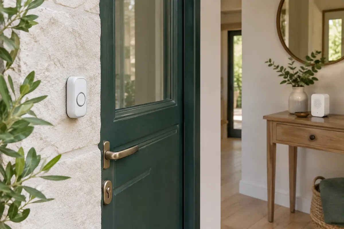 Bouton de sonnette fixé près d’une porte et carillon récepteur posé à l’intérieur de la maison