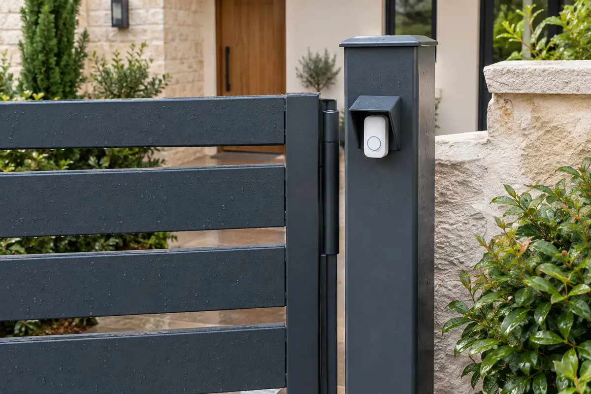 Bouton de sonnette fixé sur un poteau de portail sous une petite visière de protection contre la pluie