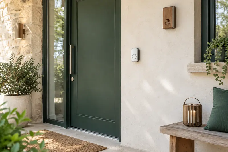 Bouton de sonnette près d’une porte contemporaine, avec un carillon visible à l’intérieur