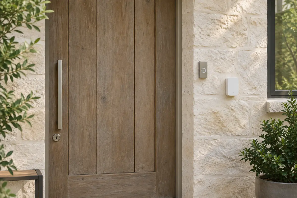 Entrée contemporaine avec une sonnette discrète près de la porte et un carillon assorti